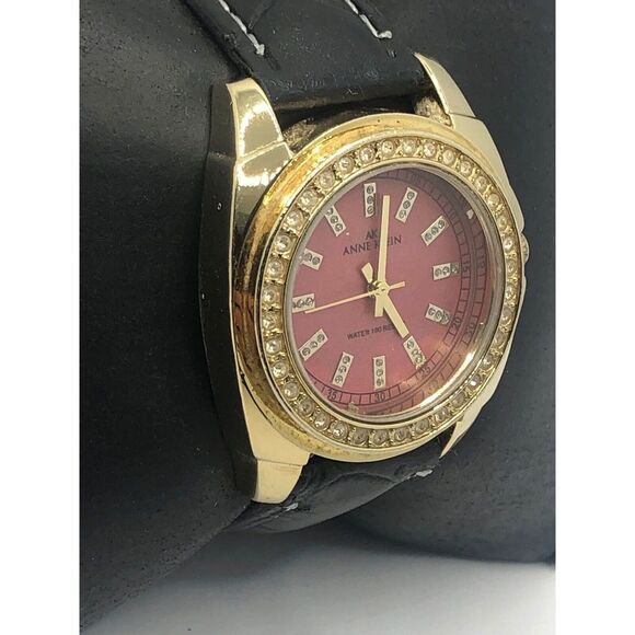 Anne Klein Unisex Black Leather Analog Red Dial Quartz Genuine Wrist Watch OP283 - Picture 3 of 9
